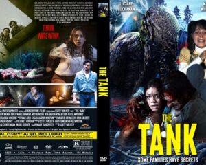 DVD cover for The Tank: a frightened family huddles as monstrous figures loom, bold yellow title across the front.