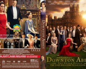 DVD cover for Downton Abbey: The Grand Finale, with cast in formal 1920s attire posed in a grand mansion setting at sunset.