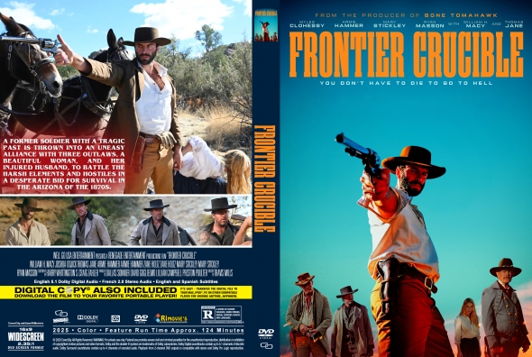 Frontier Crucible DVD cover and back: a gunslinger in a desert settings aiming a pistol, with the bold orange title on the blue front cover.