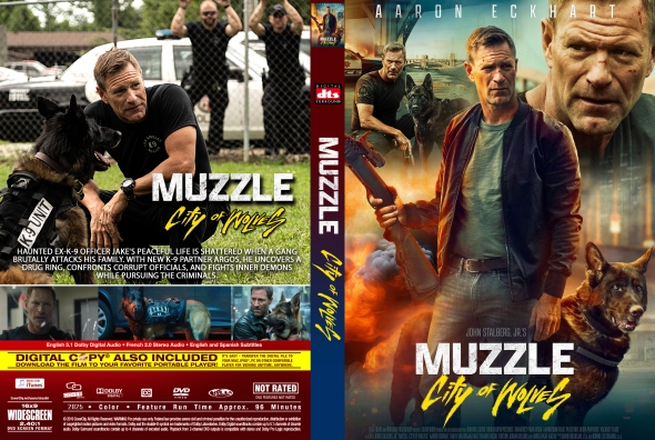 Back and front cover of the Muzzle: City of Wolves DVD set; back shows a man with a police dog, front features action poster with a man holding a gun and a dog.