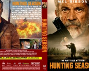 Film cover for 'Hunting Season' showing an older man with a rifle, sunset background and bold orange title text at the bottom of the front cover.