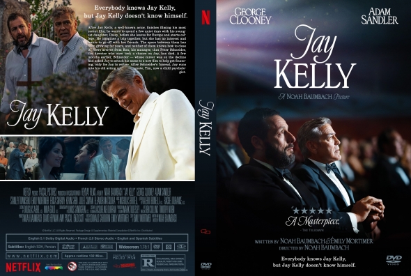 Movie poster for Jay Kelly showing two men in suits at a formal event, with the Netflix logo and film credits on the back cover.