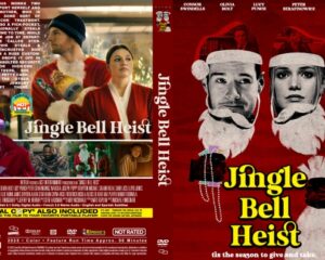 Dual-view DVD cover: front shows two people in Santa outfits with a bold Jingle Bell Heist title against a red festive background; other panels depict holiday scenes.