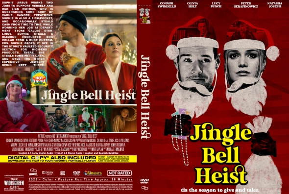 Dual-view DVD cover: front shows two people in Santa outfits with a bold Jingle Bell Heist title against a red festive background; other panels depict holiday scenes.