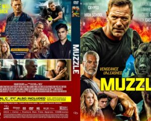DVD cover for the action thriller 'Muzzle' featuring a rugged man, a guard dog, and intense fire imagery often used for the film’s poster art. (Informative)
