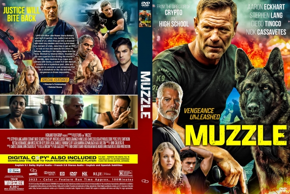 DVD cover for the action thriller 'Muzzle' featuring a rugged man, a guard dog, and intense fire imagery often used for the film’s poster art. (Informative)
