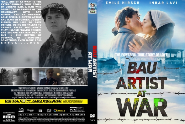 DVD cover for Bau Artist at War showing a grayscale soldier on the left and a couple kissing against barbed wire on the right.