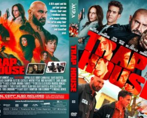 DVD cover for Trap House with a group of criminals, bold red 'TRAP HOUSE' title and fiery left side against a teal/blue background.