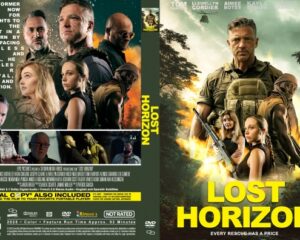 DVD cover for Lost Horizon featuring a soldier with a rifle against a jungle sunset and a montage of allies; bold yellow title at the bottom.
