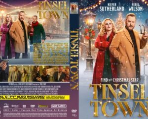 DVD cover for Tinsel Town: festive snowy street scene with characters in winter coats and a bold gold title.