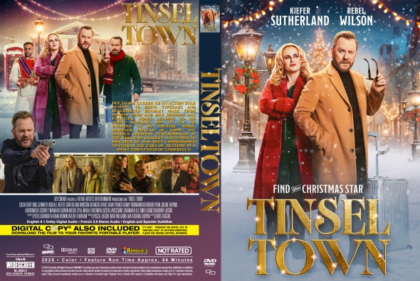 DVD cover for Tinsel Town: festive snowy street scene with characters in winter coats and a bold gold title.