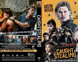 Dual-film DVD cover: left back cover with a barroom collage, right yellow poster for 'Caught Stealing' starring Austin Butler.