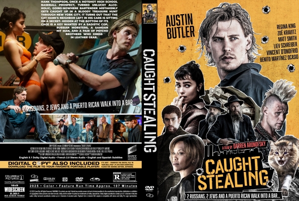 Dual-film DVD cover: left back cover with a barroom collage, right yellow poster for 'Caught Stealing' starring Austin Butler.