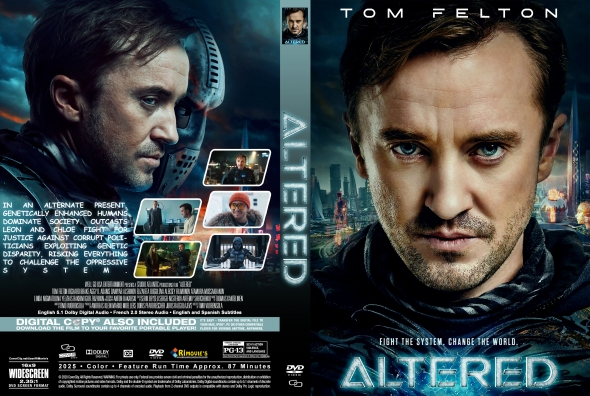 Dual-panel DVD cover for Altered: left panel shows a man in a sci-fi scene with a helmet; right panel features Tom Felton's close-up portrait.