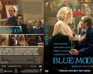 Front and back cover of the Blu Moon DVD; left panel shows suited men, right panel features a blonde woman offering flowers to a man in a blue suit on a city street, with blue title text 'BLUE MOON'