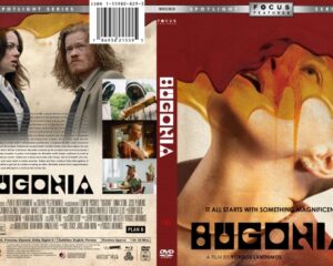 Front and back of the BUGONIA DVD cover: a surreal portrait with red–yellow paint on a head on the front; back shows two suited people and a collage of scenes.