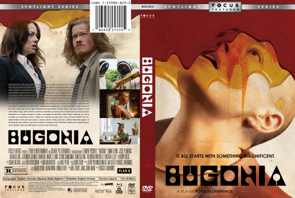 Front and back of the BUGONIA DVD cover: a surreal portrait with red–yellow paint on a head on the front; back shows two suited people and a collage of scenes.