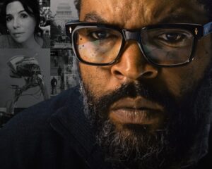 Close-up of Ice Cube wearing glasses with a grayscale collage background; War of the Worlds poster with a blue title and Earth globe at the bottom.