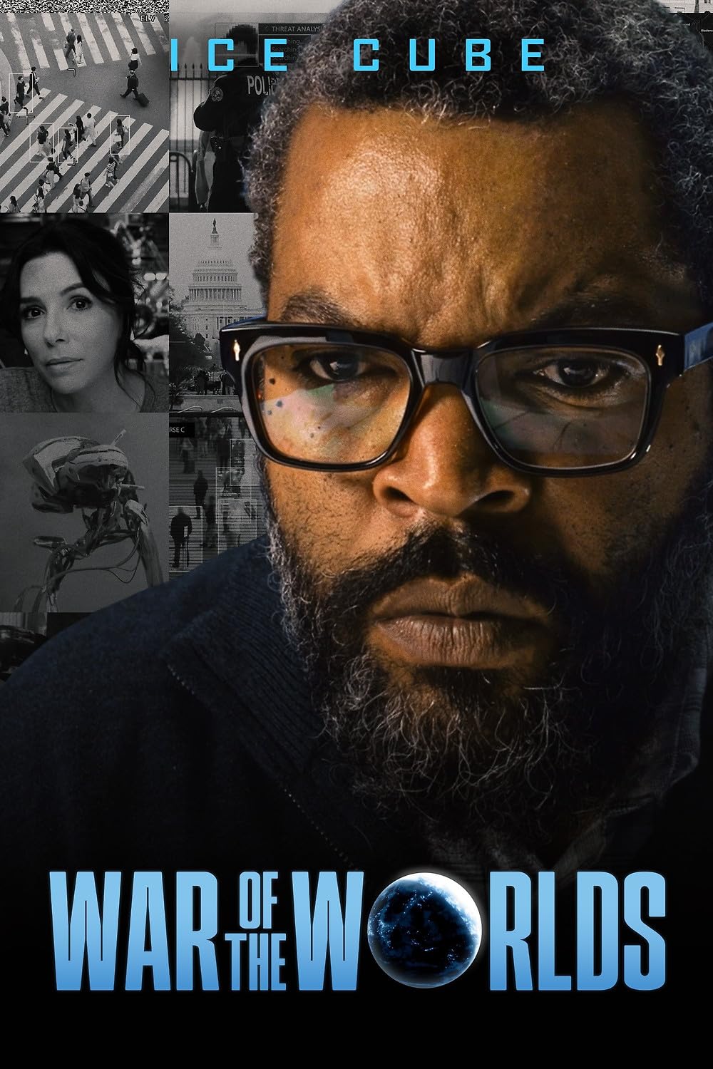 Close-up of Ice Cube wearing glasses with a grayscale collage background; War of the Worlds poster with a blue title and Earth globe at the bottom.
