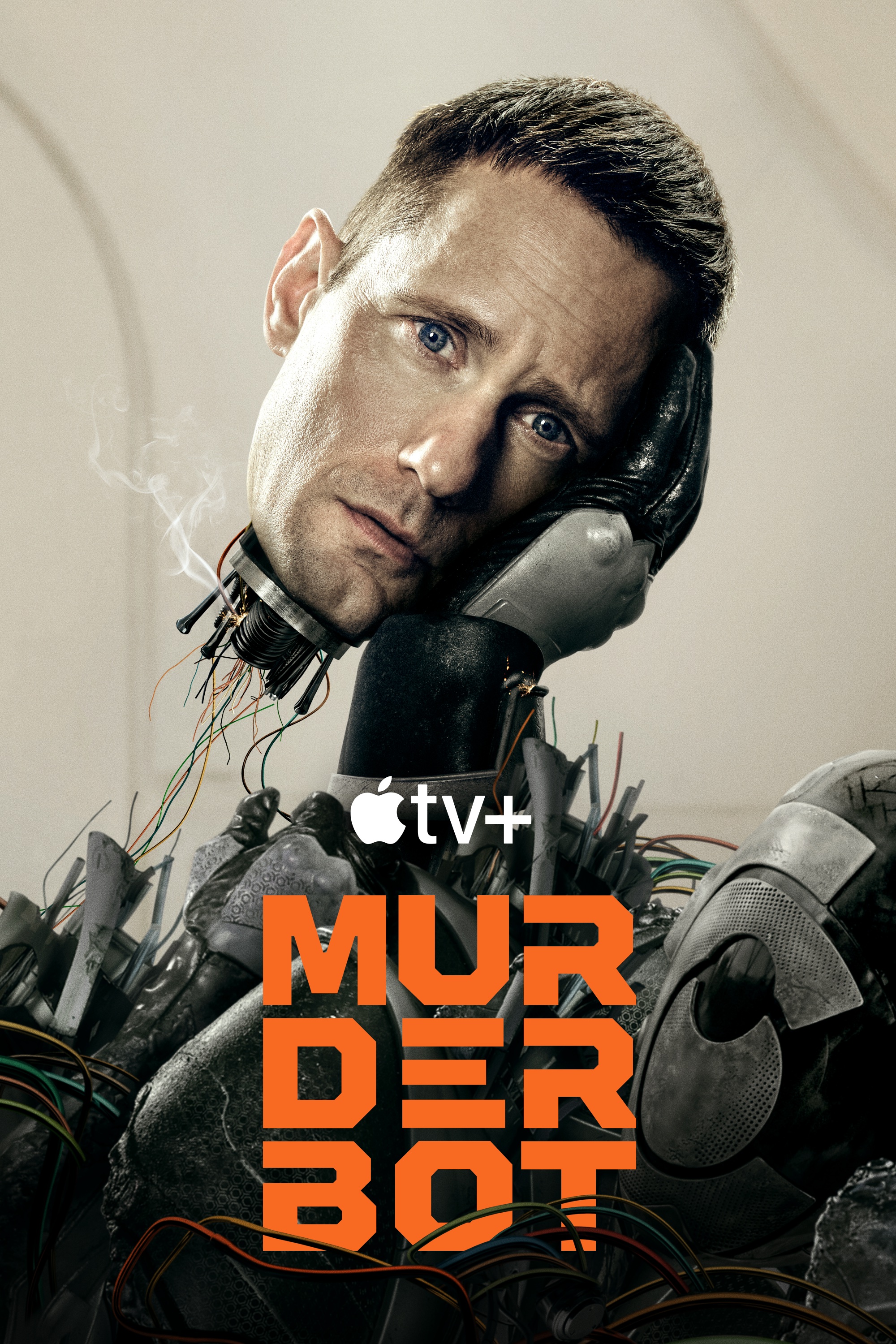 Close-up of a damaged humanoid robot with exposed wires and a gray metallic face; Apple TV+ Murder Bot poster title visible in orange text.