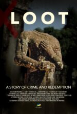Movie poster for LOOT: A story of crime and redemption, featuring a moss-covered statue with hands crossed over its face.