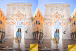 Hallmark Channel poster for 'A Pinch of Portugal': a woman with a basket walks a sunlit cobblestone street under a decorative arch.