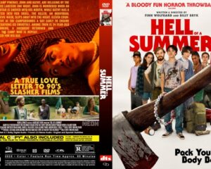 Front cover of Hell of a Summer DVD: bold red title with a group of teens and a bloody axe in the foreground against a white background.
