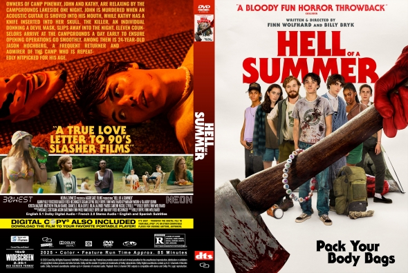 Front cover of Hell of a Summer DVD: bold red title with a group of teens and a bloody axe in the foreground against a white background.