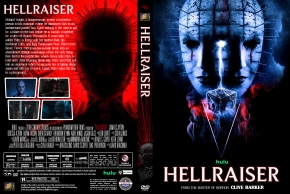 Front and back Hellraiser DVD cover: blue Cenobite face on right, red-lit back image on left, title 'HELLRAISER' across center.
