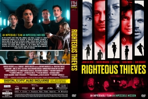 Front and back DVD cover for Righteous Thieves, showing an ensemble cast with blue and red lighting and bold yellow title on the right. The back includes cast photos and text blocks revealing a crime thriller premise.