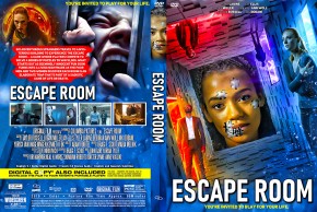 Movie poster for Escape Room with a blue neon collage of frightened characters trapped in a puzzle-filled room; title 'Escape Room' across the center.