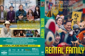 DVD cover for Rental Family showing a diverse group of people smiling, with bold yellow title on the lower right against a colorful backdrop of festival scenes and characters.