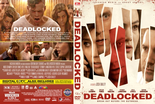 Front cover features fragmented photos of terrified teens around a red masked central image; bold title DEADLOCKED. Back cover shows synopsis, credits, and logos.