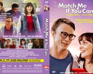 DVD cover for 'Match Me If You Can' featuring a smiling couple in the foreground with a purple sky and the title above; tagline reads 'How could one click go so wrong?'