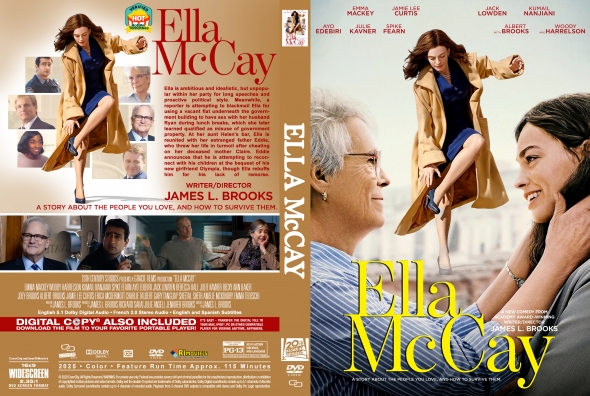 DVD cover for Ella McKay: a woman in a tan coat leaps above a city scene with the film title in gold letters.