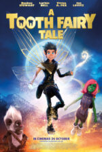 Poster for A Tooth Fairy Tale showing a boy with blue hair and fairy wings leaping, a pink-haired girl in a purple outfit, and a furry creature against a blue-orange sky.
