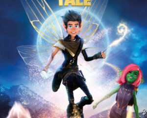 Poster for A Tooth Fairy Tale showing a boy with blue hair and fairy wings leaping, a pink-haired girl in a purple outfit, and a furry creature against a blue-orange sky.