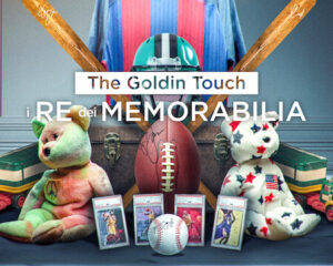 Netflix poster for The Goldin Touch: a collection of sports memorabilia (bats, helmet, football, stuffed bears, cards) against a blue backdrop.