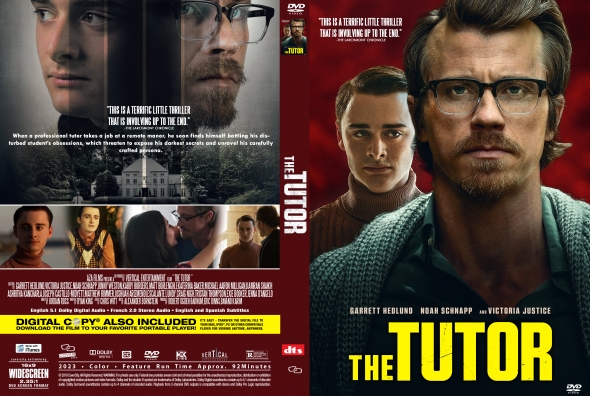 Cover art for The Tutor: a bearded man in glasses wearing a teal sweater against a red background with a bold yellow title.