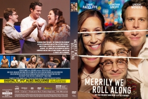 Dual‑sided cover for Merrily We Roll Along DVD: front shows a collage of smiling cast members; back features stills, credits, and synopsis.