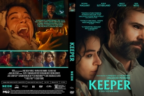 Front cover of the film Keeper: a bearded man and a woman in close focus with a teal title 'Keeper' and moody lighting.