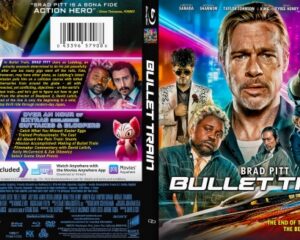 Front Blu-ray cover for Bullet Train with neon cityscape and a central rugged man in a suit; ensemble cast imagery and bold title.
