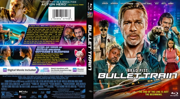 Front Blu-ray cover for Bullet Train with neon cityscape and a central rugged man in a suit; ensemble cast imagery and bold title.