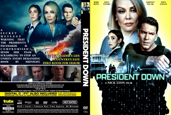 Front and back DVD cover for President Down, a political thriller, showing cast on the front and an explosion scene on the back.