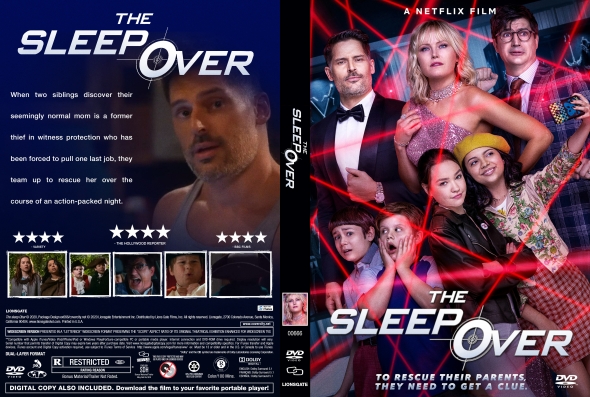 Front cover: Netflix film poster for 'The Sleepover' featuring a group of adults and kids in colorful outfits with a bold, stylized title.