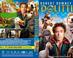 Dolittle DVD cover: Robert Downey Jr. in colorful costume surrounded by talking animals against a blue sky, with the title Dolittle at the top and the tagline 'He's just not a people person.'