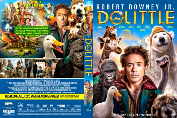 Dolittle DVD cover: Robert Downey Jr. in colorful costume surrounded by talking animals against a blue sky, with the title Dolittle at the top and the tagline 'He's just not a people person.'