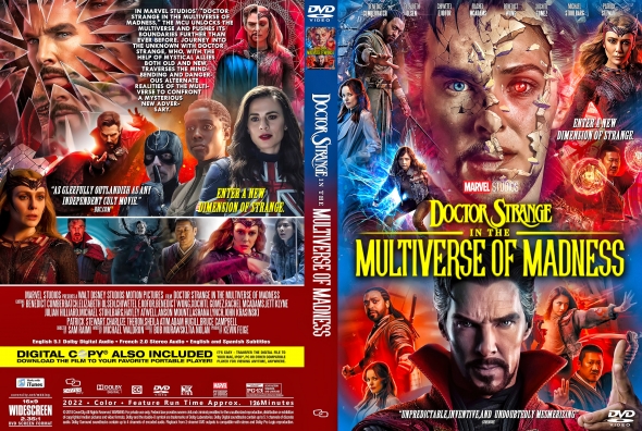 Front and back cover of Doctor Strange in the Multiverse of Madness DVD, featuring a character collage and bold title art.
