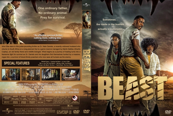Beast DVD cover: a man and two children stand back-to-back in a savanna setting, with a jagged frame and a bold BEAST title.