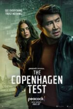 Poster for Peacock's The Copenhagen Test: a man in a leather jacket foreground with a woman aiming a pistol behind him, set against a neon-lit cityscape.
